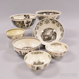 Seven Wedgwood Queen's Ware Transfer-decorated Bowls
